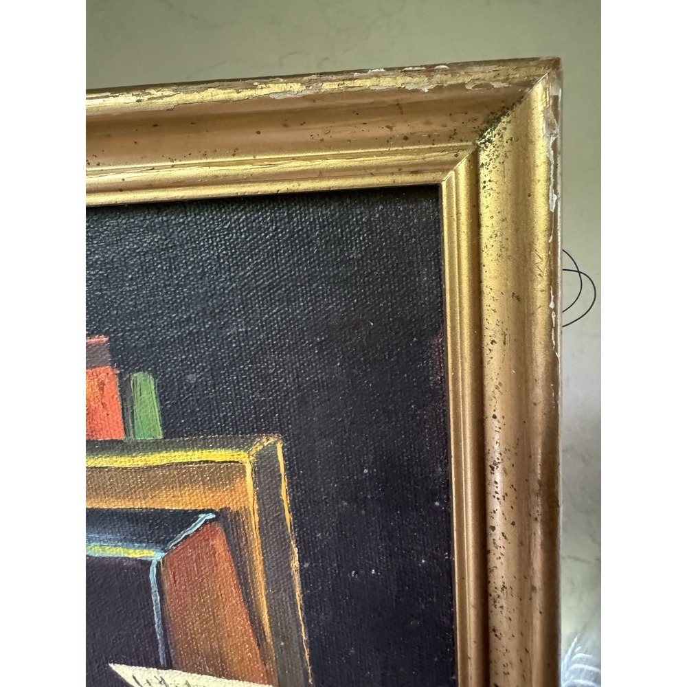 Vintage Frank Lean Original Oil Painting Still Life Books Vase Gold Frame Signed - Picture 8 of 9